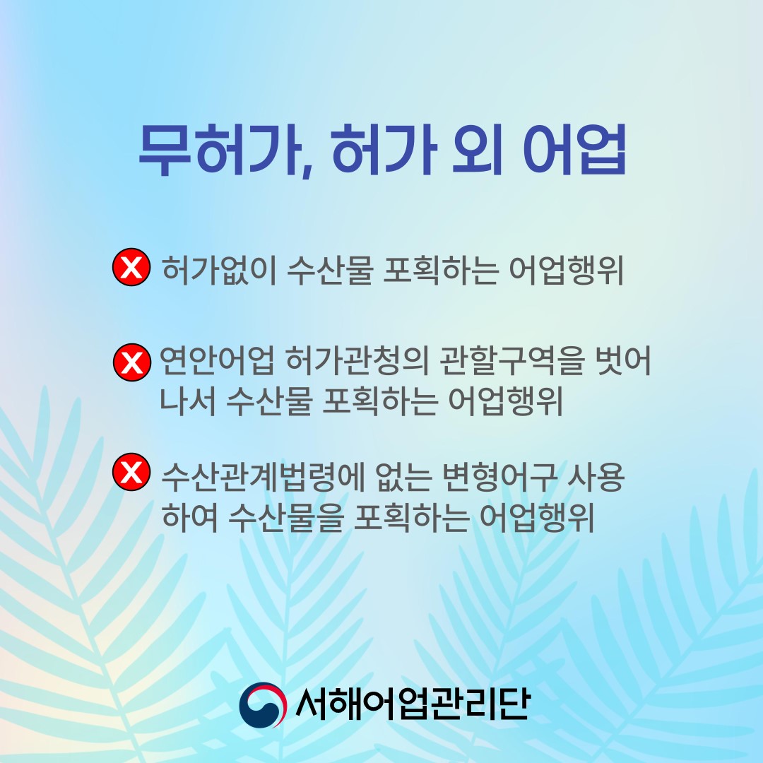 무허가, 허가 외 어업 허가없이 수산물 포획하는 어업행위 연안어업 허가관청의 관할구역을 벗어나서 수산물 포획하는 어업행위 수산관걔법령에 없는 변형어구 사용하여 수산물을 포획하는 어업행위 서해어업관리단