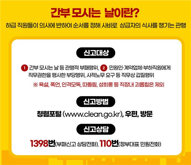간부모시는날이란? 하급 직원들이 의사에 반하여 순서를 정해 사비로 상급자의 식자를 챙기는 관행
신고대상 간부 모시는날 등 관행적 부패행위 2 민원인 계약업체 부하직원에게 직무권한을 행사한 부당행위 사적노무 요구 등 직무상 갑질행위